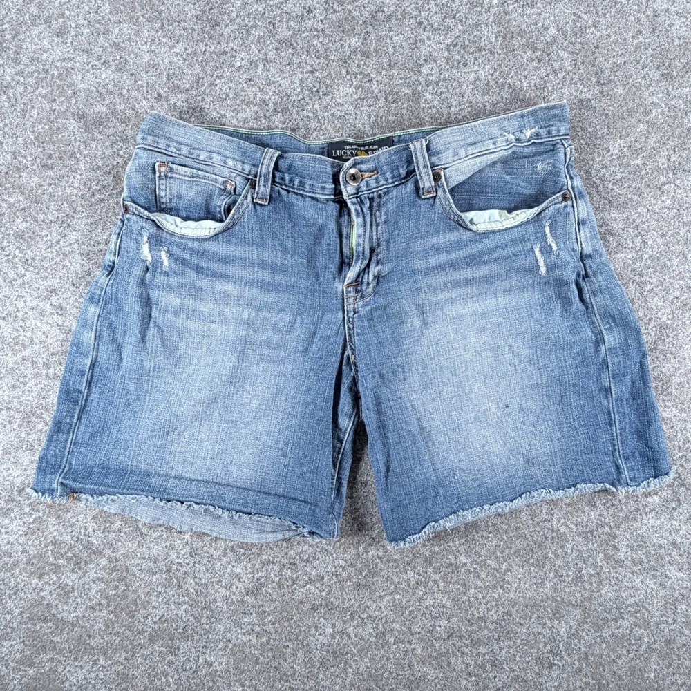 Lucky Brand Abbey Double Roll Shorts Womens 12/31 Blue Denim Distressed Raw Hem